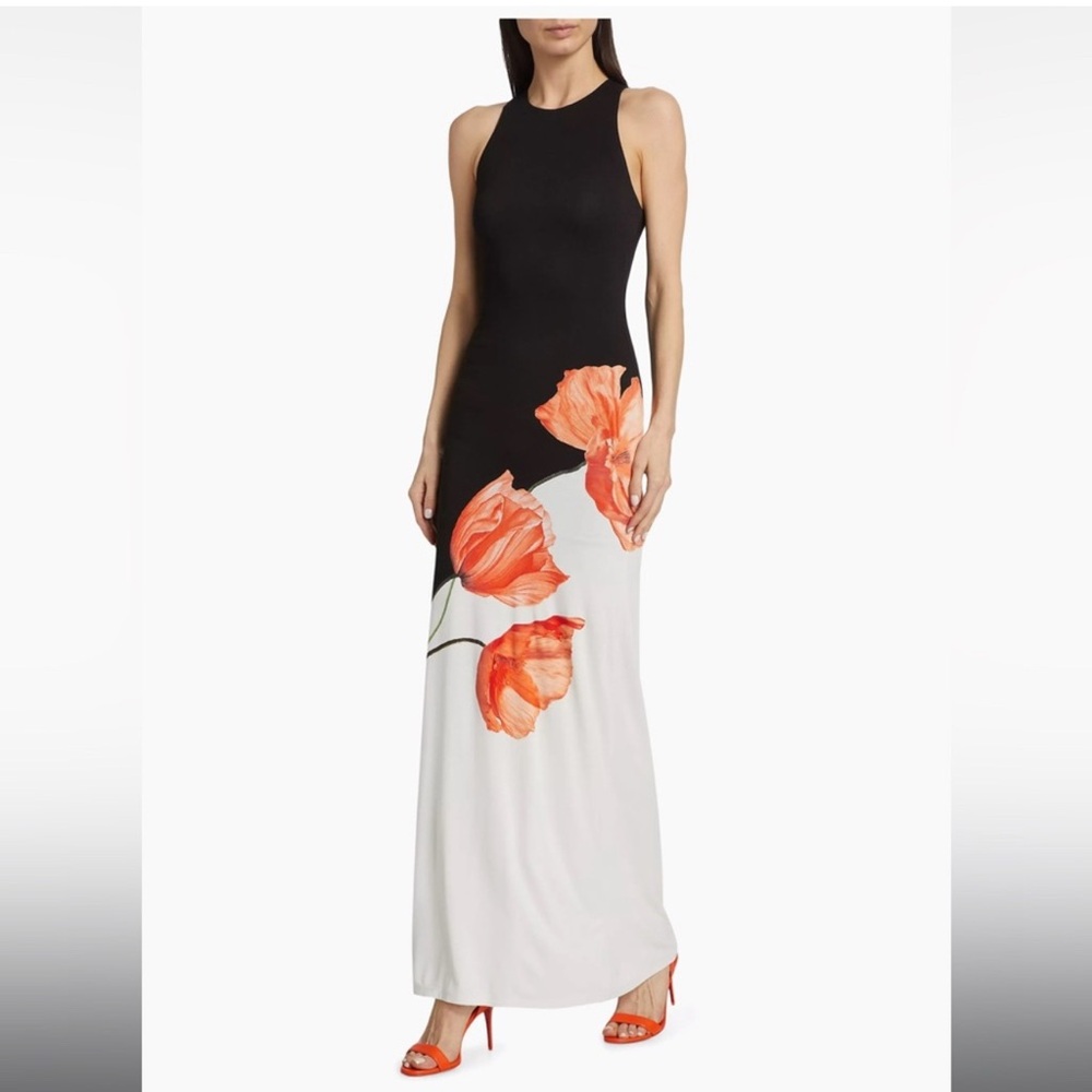 Alice + Olivia Black White Pania Maxi Dress with Orange Floral Print